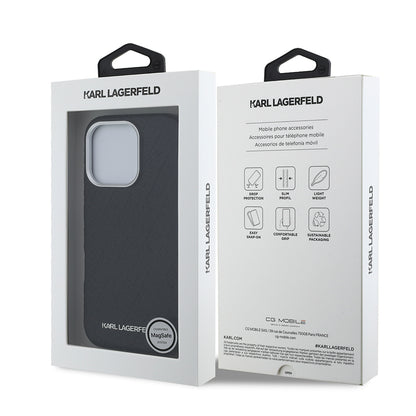 Apple iPhone 16 Pro Kılıf Karl Lagerfeld Orjinal Lisanslı PU Deri Damgalı Metal Yazı Logolu Kapak Siyah