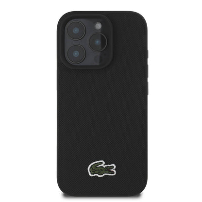Apple iPhone 16 Pro Kılıf Lacoste Orjinal Lisanslı PU Pike Desenli Arka Yüzey İkonik Timsah Dokuma Logolu Kapak Siyah