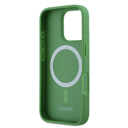 Apple iPhone 16 Pro Kılıf Lacoste Orjinal Lisanslı PU Pike Desenli Arka Yüzey İkonik Timsah Dokuma Logolu Kapak Koyu Yeşil