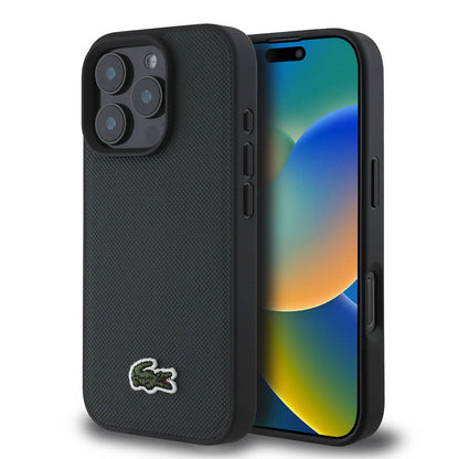 Apple iPhone 16 Pro Kılıf Lacoste Orjinal Lisanslı PU Pike Desenli Arka Yüzey İkonik Timsah Dokuma Logolu Kapak Siyah