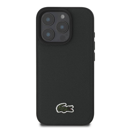 Apple iPhone 16 Pro Kılıf Lacoste Orjinal Lisanslı PU Pike Desenli Arka Yüzey İkonik Timsah Dokuma Logolu Kapak Siyah