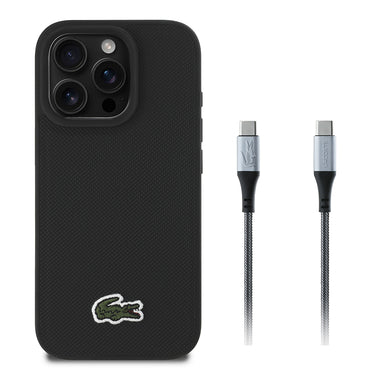 Apple iPhone 16 Pro Kılıf Lacoste Orjinal Lisanslı PU Pike Desenli Arka Yüzey İkonik Timsah Dokuma Logolu Kapak + Type-C Kablo 1.5m Siyah