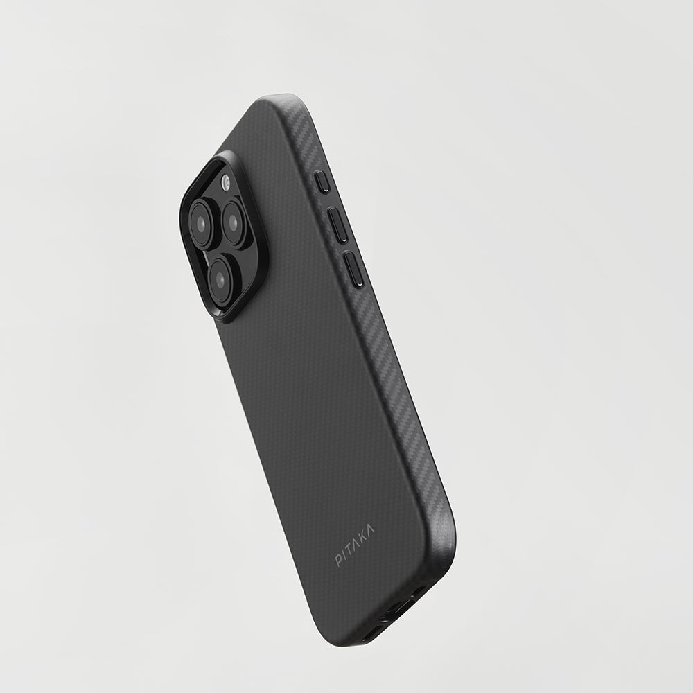 Apple iPhone 16 Pro Kılıf M-safe Şarj Özellikli Aramid Fiber Pitaka Military-Grade Classic Serisi New Logo Black-Grey Twill Kapak