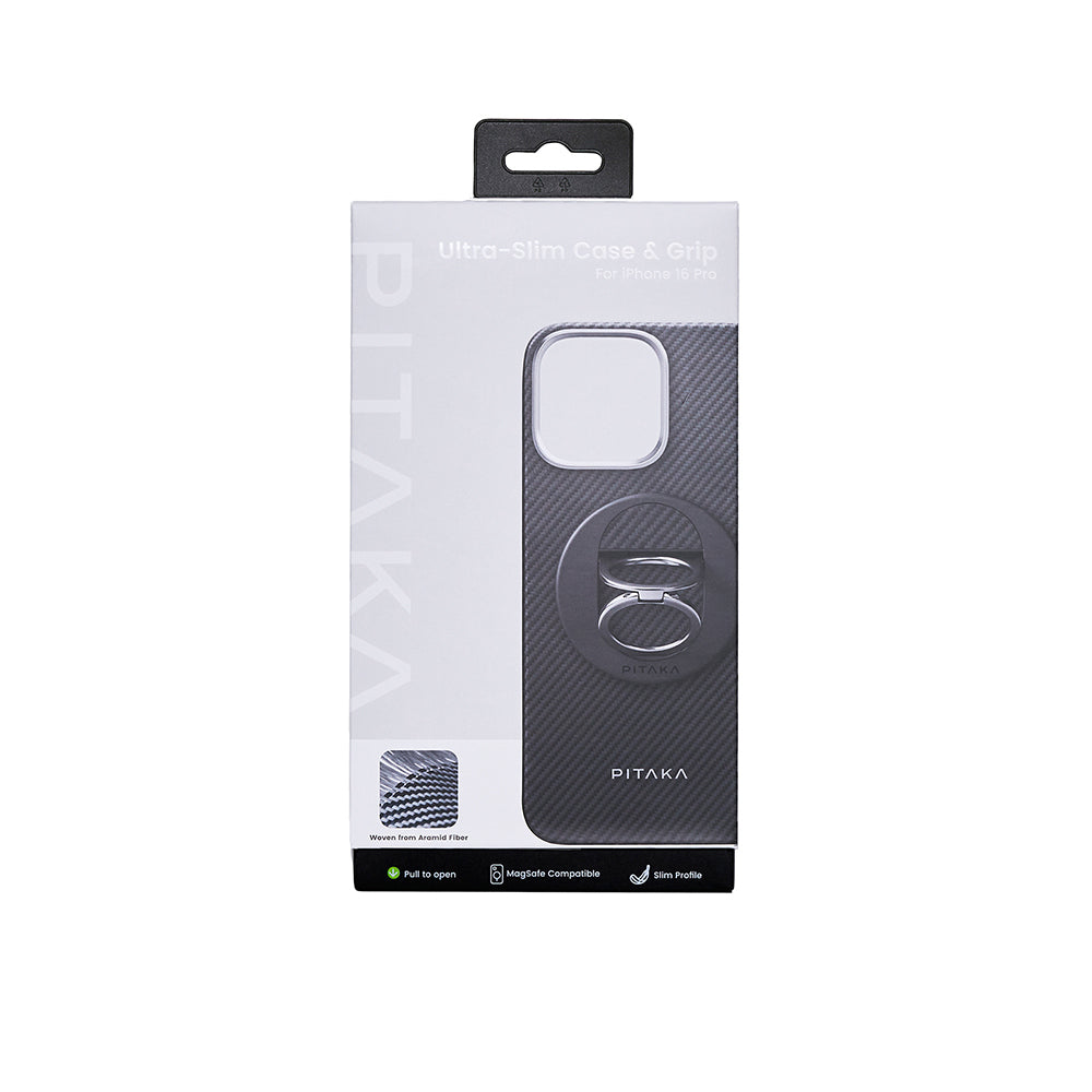 Apple iPhone 16 Pro Kılıf M-safe Şarj Özellikli Grip 3 Standlı 600D Aramid Fiber Pitaka Ultra-Slim Classic Serisi Black-Grey Twill Kapak Siyah-Gri