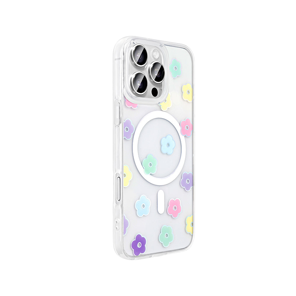 Apple iPhone 16 Pro Case M-Safe Charging Transparent Zore Folk Hard Cover Daisy