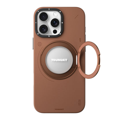 Apple iPhone 16 Pro Kılıf M-safe Şarj Özellikli 360° Standlı Basit Mat Deri Desenli Youngkit Tech Leather Serisi Kapak Kahverengi