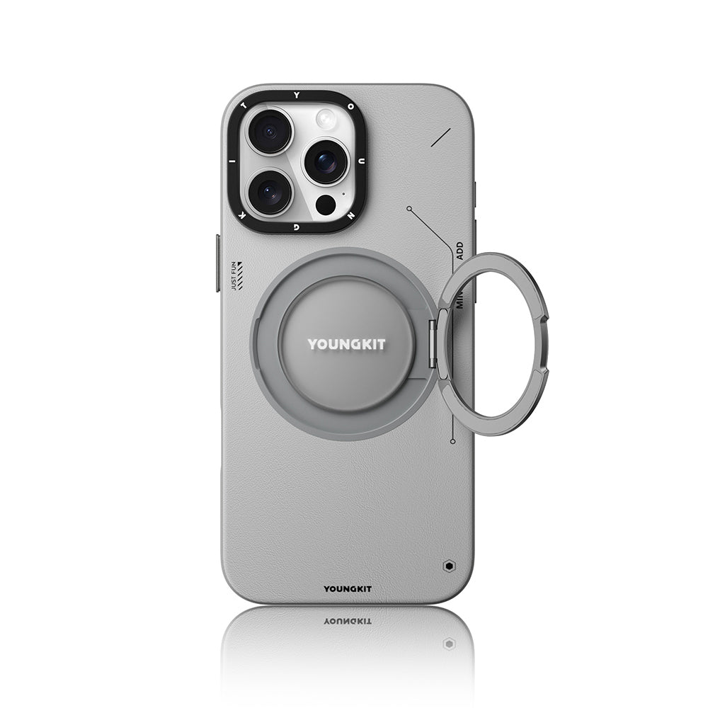 Apple iPhone 16 Pro Kılıf M-safe Şarj Özellikli 360° Standlı Basit Mat Deri Desenli Youngkit Tech Leather Serisi Kapak Gri