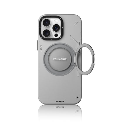 Apple iPhone 16 Pro Kılıf M-safe Şarj Özellikli 360° Standlı Basit Mat Deri Desenli Youngkit Tech Leather Serisi Kapak Gri