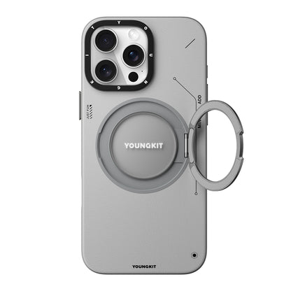Apple iPhone 16 Pro Kılıf M-safe Şarj Özellikli 360° Standlı Basit Mat Deri Desenli Youngkit Tech Leather Serisi Kapak Kahverengi