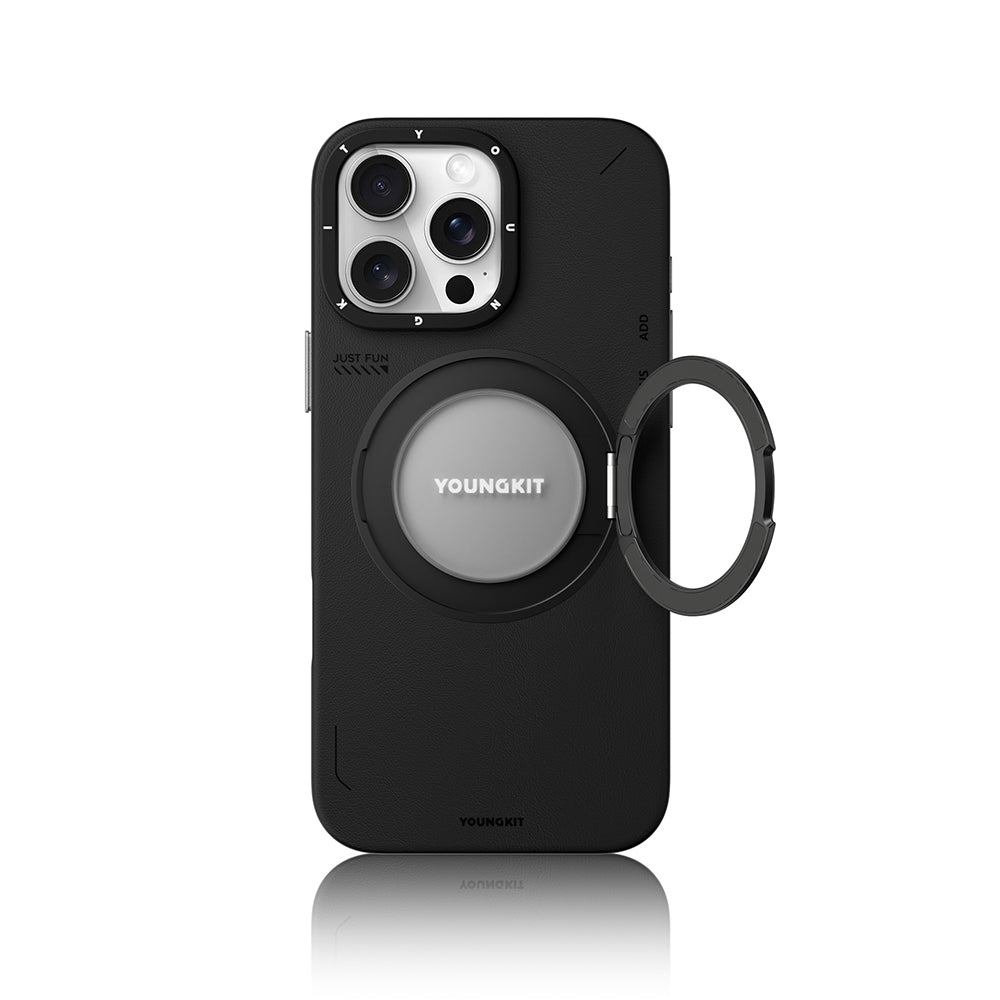 Apple iPhone 16 Pro Kılıf M-safe Şarj Özellikli 360° Standlı Basit Mat Deri Desenli Youngkit Tech Leather Serisi Kapak Kahverengi