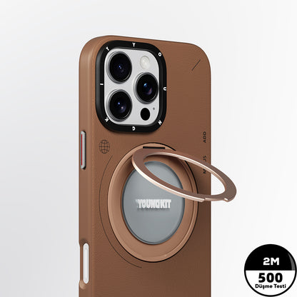 Apple iPhone 16 Pro Kılıf M-safe Şarj Özellikli 360° Standlı Basit Mat Deri Desenli Youngkit Tech Leather Serisi Kapak Kahverengi