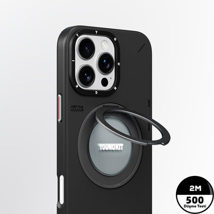 Apple iPhone 16 Pro Kılıf M-safe Şarj Özellikli 360° Standlı Basit Mat Deri Desenli Youngkit Tech Leather Serisi Kapak Gri