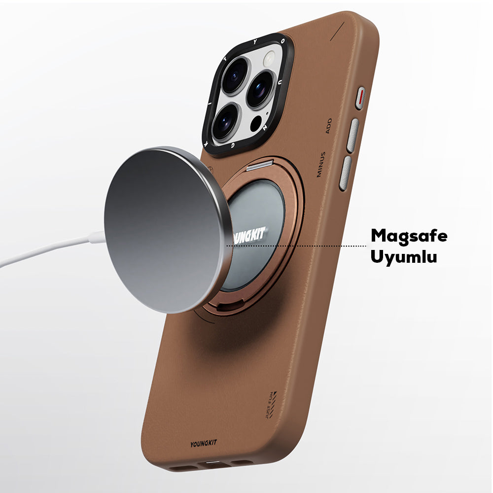 Apple iPhone 16 Pro Kılıf M-safe Şarj Özellikli 360° Standlı Basit Mat Deri Desenli Youngkit Tech Leather Serisi Kapak Gri