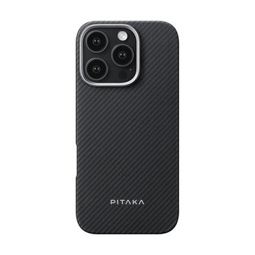 Apple iPhone 16 Pro Kılıf M-safe Şarj Özellikli 600D Aramid Fiber Pitaka Ultra-Slim Classic Serisi Black-Grey Twill Kapak Siyah