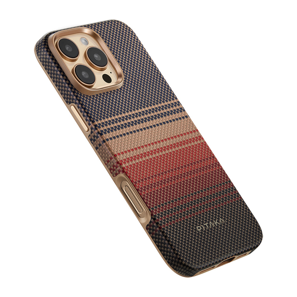 Apple iPhone 16 Pro Kılıf M-safe Şarj Özellikli Aramid Fiber Pitaka Military-Grade Sunset-Moonrise Serisi Sunset Kapak Kahverengi