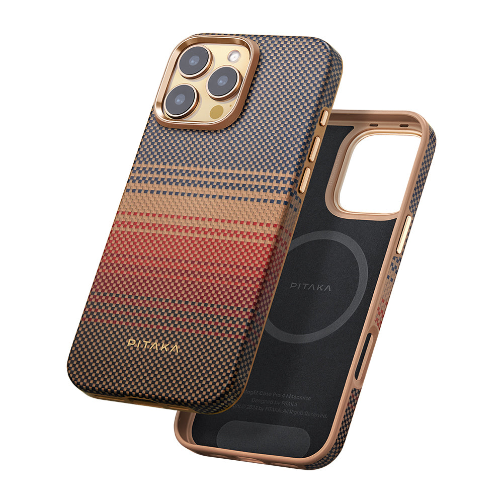 Apple iPhone 16 Pro Kılıf M-safe Şarj Özellikli Aramid Fiber Pitaka Military-Grade Sunset-Moonrise Serisi Sunset Kapak Kahverengi