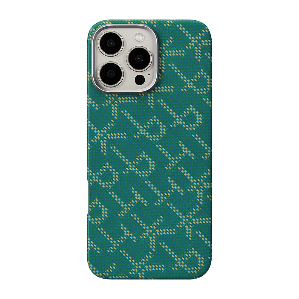 Apple iPhone 16 Pro Kılıf M-safe Şarj Özellikli Aramid Fiber Pitaka Tactile Woven Monogram Serisi Kapak Yeşil