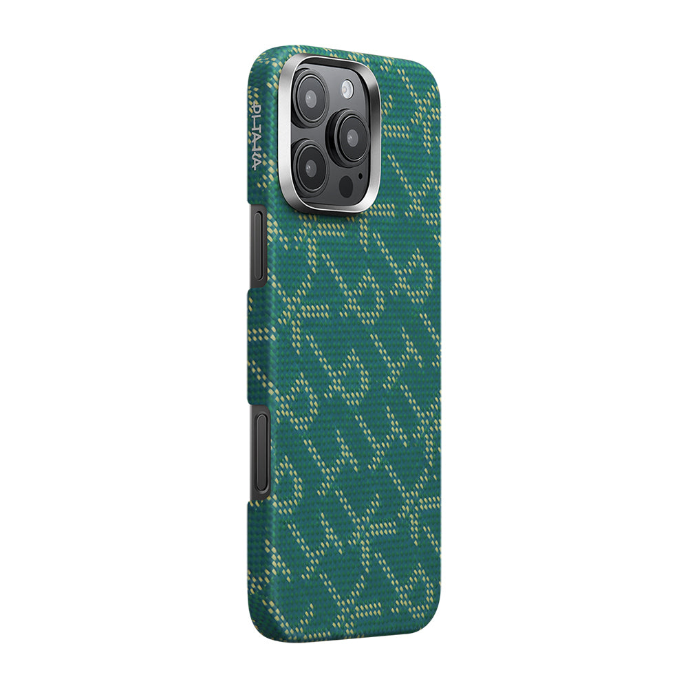 Apple iPhone 16 Pro Kılıf M-safe Şarj Özellikli Aramid Fiber Pitaka Tactile Woven Monogram Serisi Kapak Yeşil