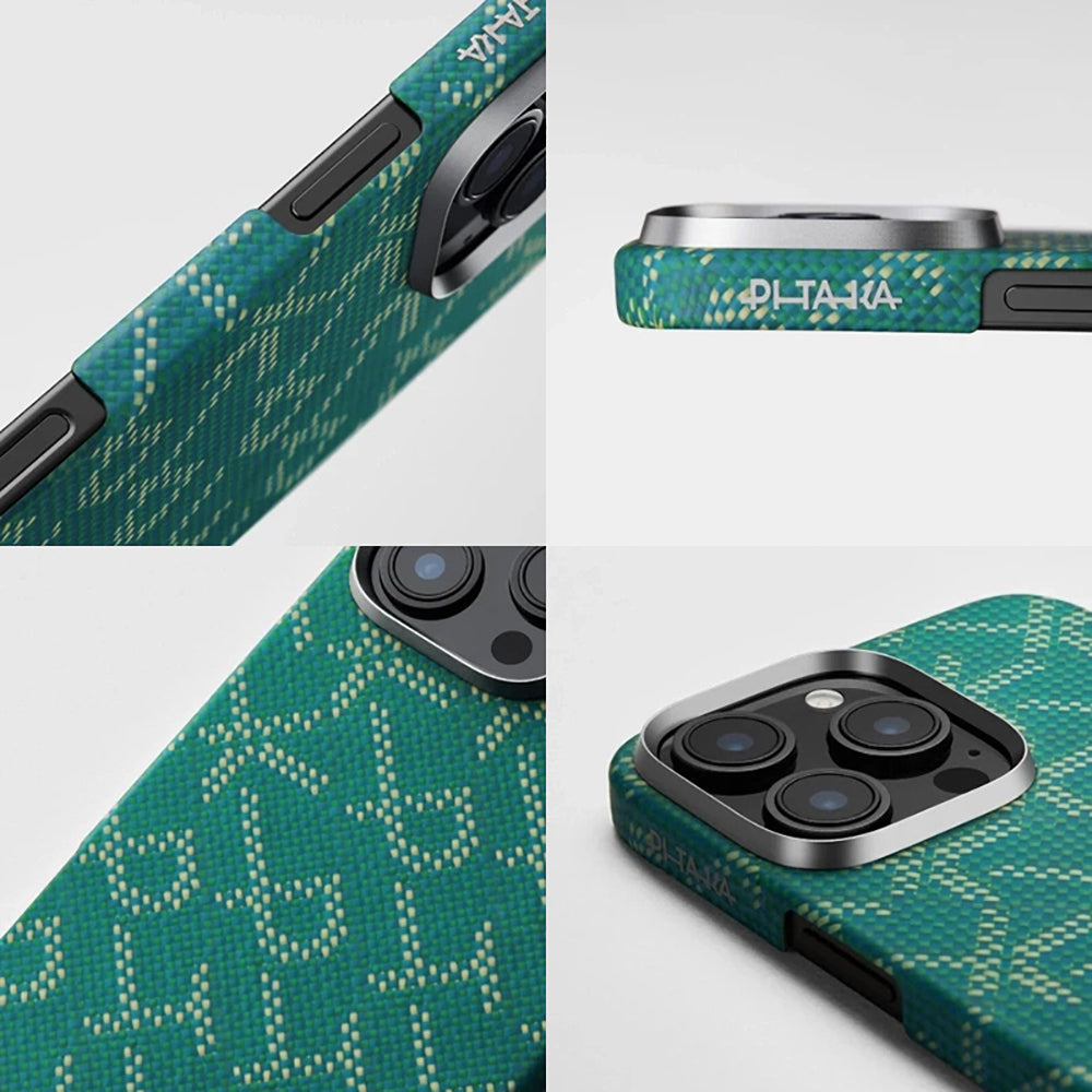 Apple iPhone 16 Pro Kılıf M-safe Şarj Özellikli Aramid Fiber Pitaka Tactile Woven Monogram Serisi Kapak Yeşil