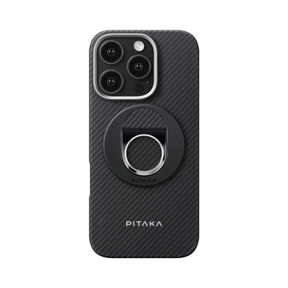 Apple iPhone 16 Pro Kılıf M-safe Şarj Özellikli Grip 3 Standlı Aramid Fiber Pitaka Military Grade Classic Serisi Black-Grey Twill Kapak Siyah-Gri