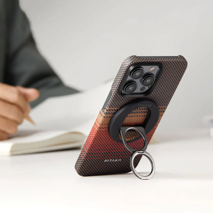 Apple iPhone 16 Pro Kılıf M-safe Şarj Özellikli Grip 3 Standlı Aramid Fiber Pitaka Tactile Woven Sunset-Moonrise Serisi Sunset Kapak Kahverengi