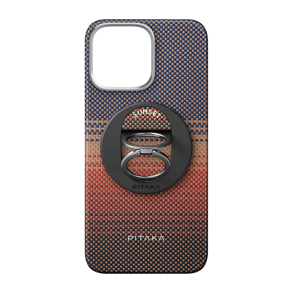 Apple iPhone 16 Pro Kılıf M-safe Şarj Özellikli Grip 3 Standlı Aramid Fiber Pitaka Tactile Woven Sunset-Moonrise Serisi Sunset Kapak Kahverengi