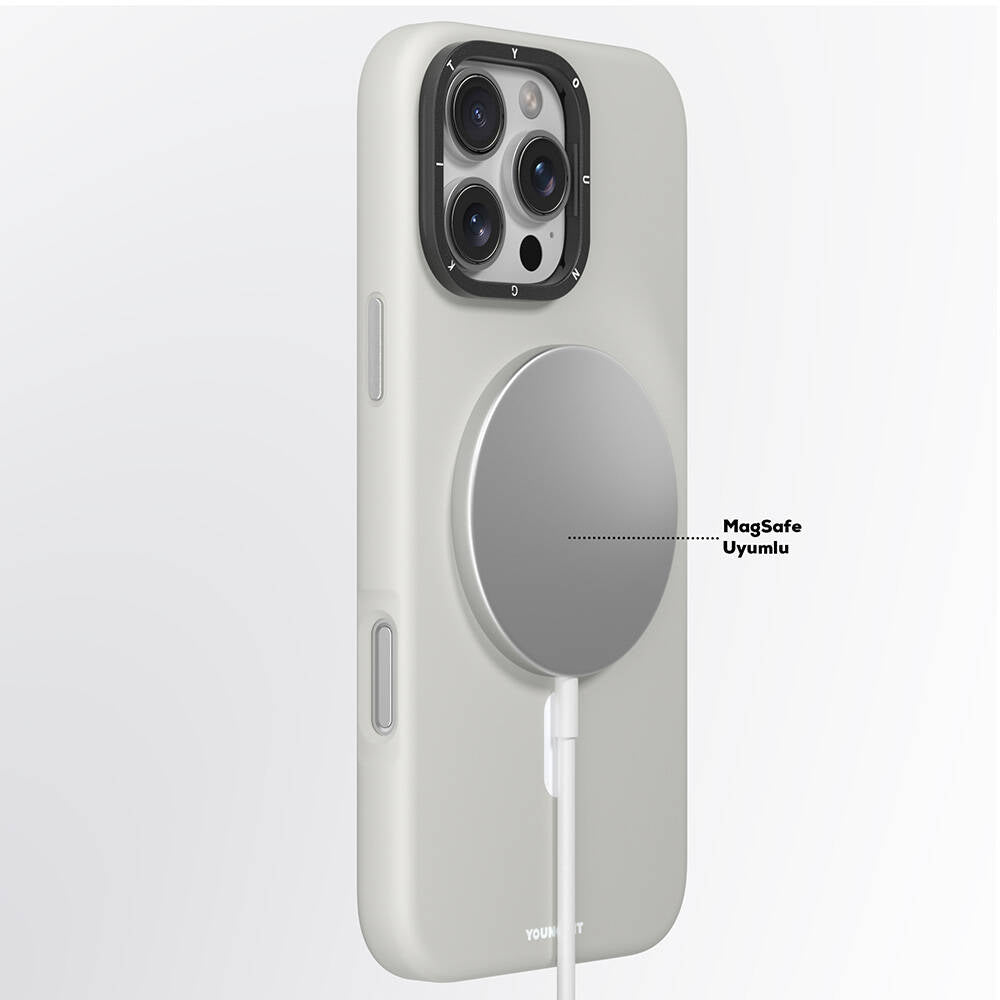 Apple iPhone 16 Pro Kılıf M-safe Şarj Özellikli Kamera Standlı Youngkit Bitty Cream Kapak Siyah