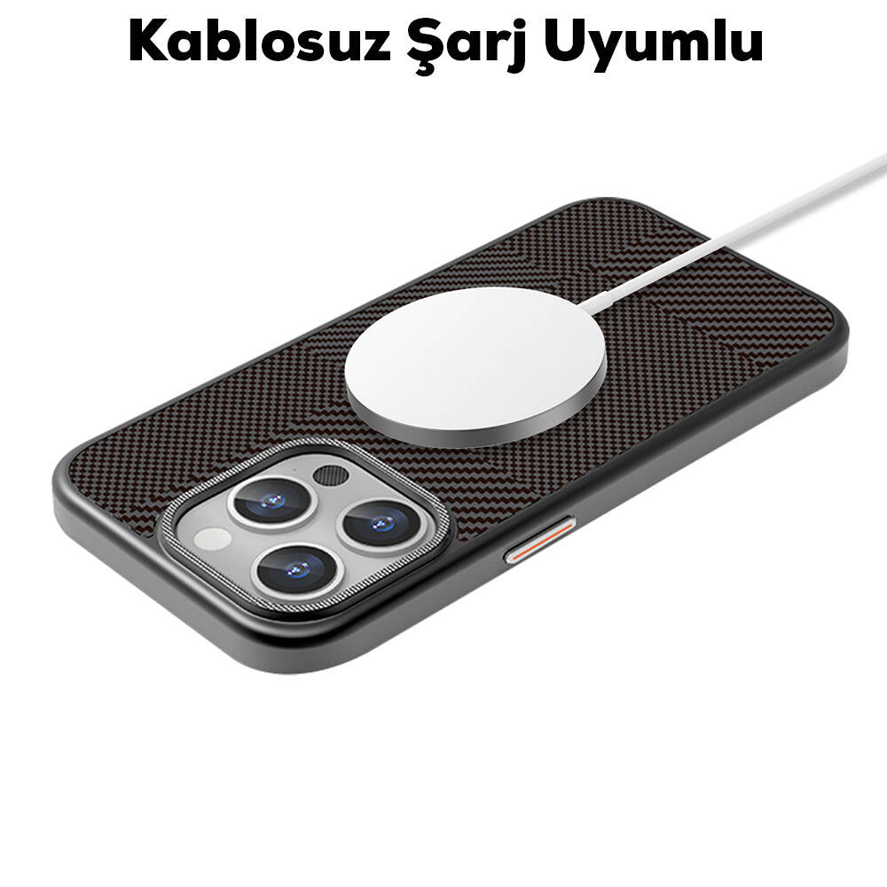 Apple iPhone 16 Pro Kılıf M-safe Şarj Özellikli Karbon Fiber Desenli Mutural Montage Kapak Gümüş