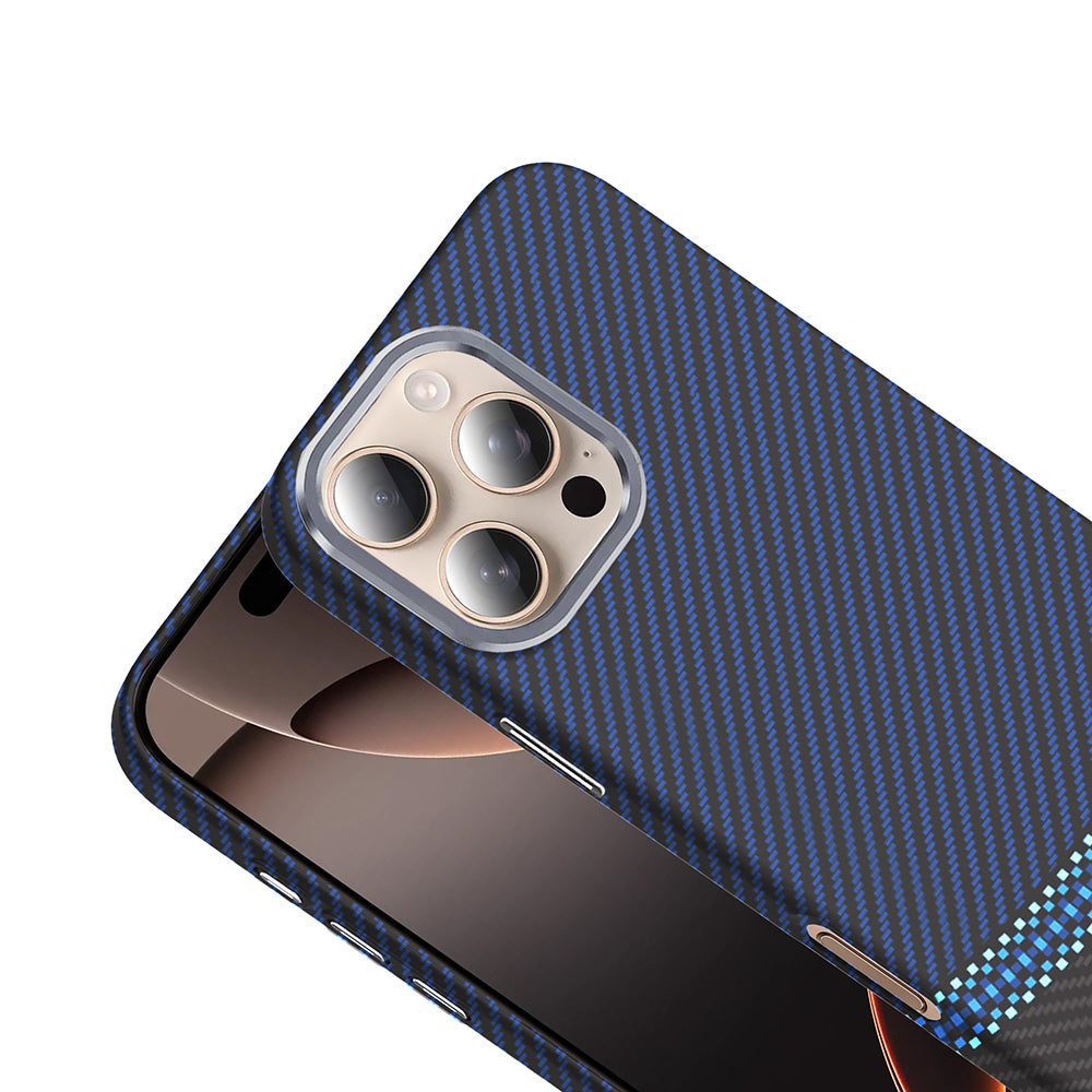 Apple iPhone 16 Pro Case with M-safe Charging Function, Carbon Fiber Look Zore Gros Cover, Black-Navy Blue 