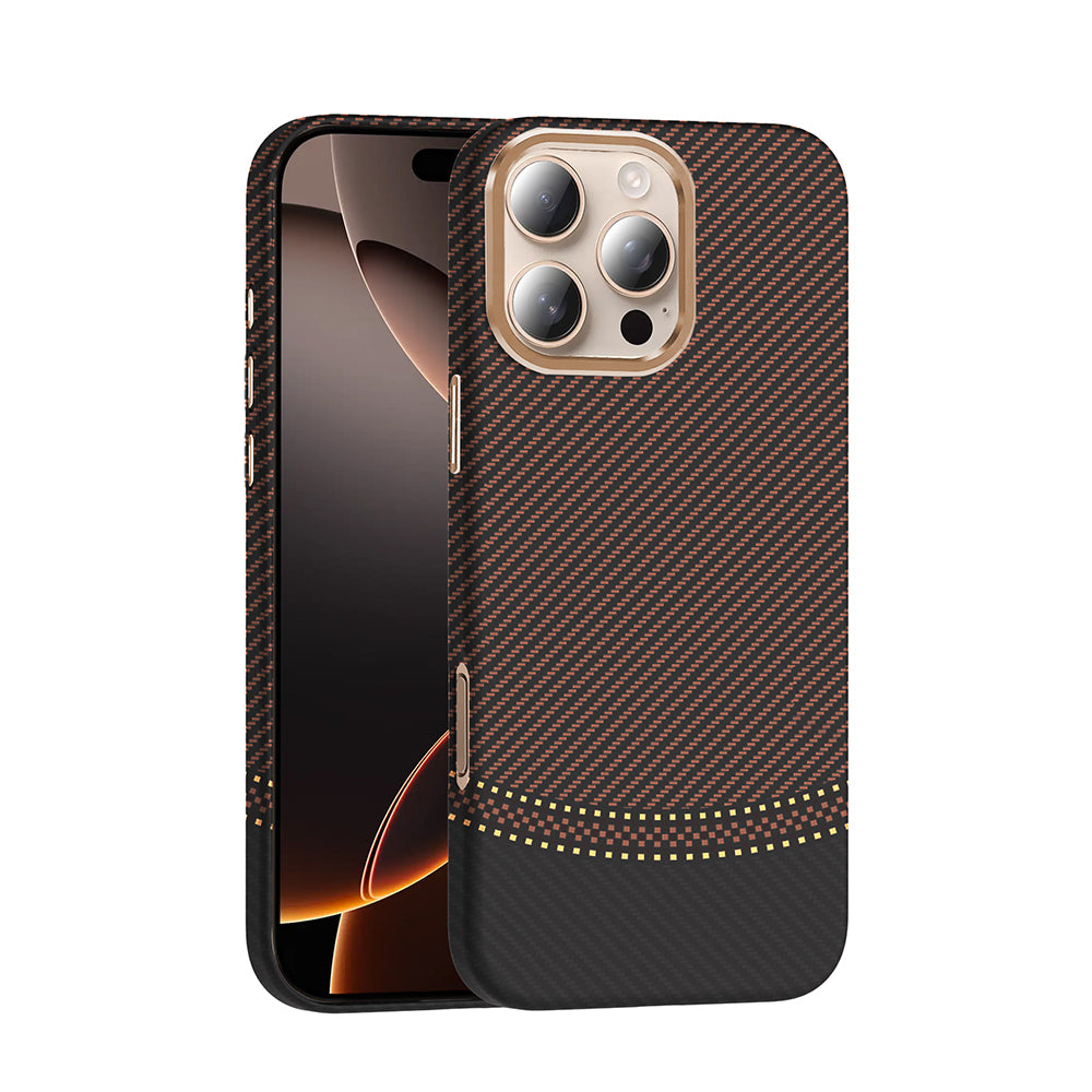 Apple iPhone 16 Pro Case M-safe Charging Feature Carbon Fiber Look Zore Gros Cover Gold-Black 