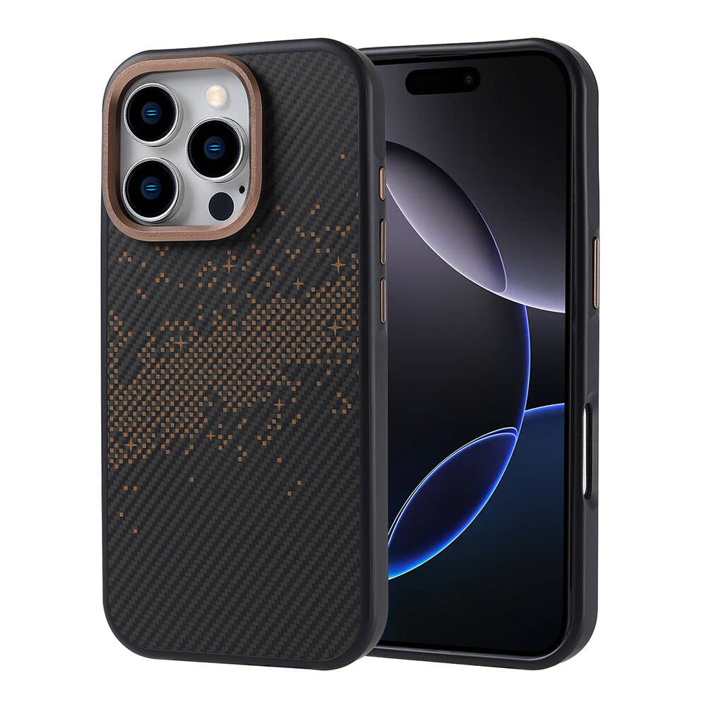 Apple iPhone 16 Pro Case with M-safe Charging Function, Carbon Fiber Design, Zore Vave Cover, Gold