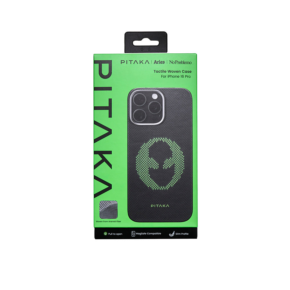 Apple iPhone 16 Pro Kılıf M-safe Şarj Özellikli Lumintex Teknolojili Fosforlu Aramid Fiber Pitaka Tactile Woven Aries Serisi Alien Kapak Siyah