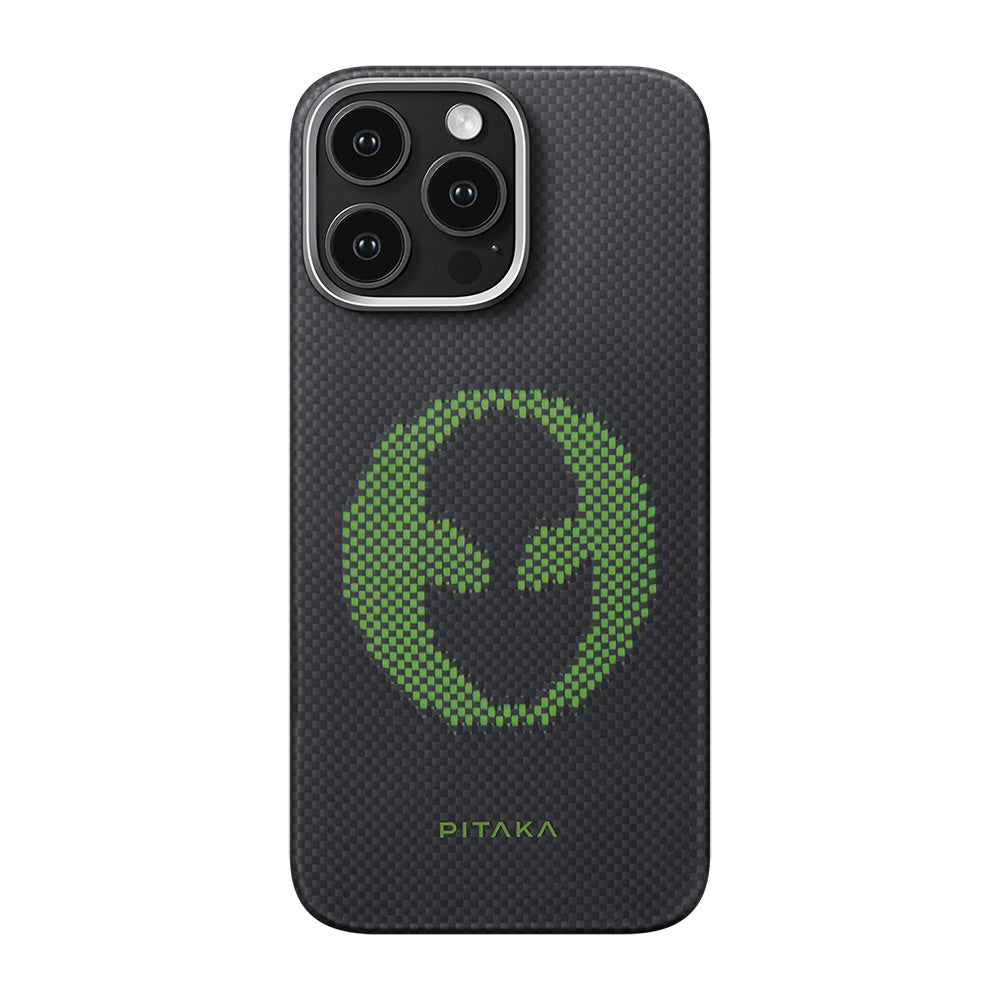 Apple iPhone 16 Pro Kılıf M-safe Şarj Özellikli Lumintex Teknolojili Fosforlu Aramid Fiber Pitaka Tactile Woven Aries Serisi Alien Kapak Siyah