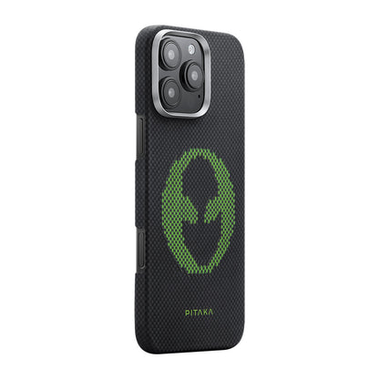 Apple iPhone 16 Pro Kılıf M-safe Şarj Özellikli Lumintex Teknolojili Fosforlu Aramid Fiber Pitaka Tactile Woven Aries Serisi Alien Kapak Siyah