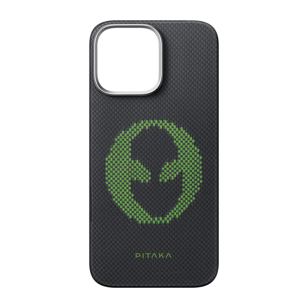 Apple iPhone 16 Pro Kılıf M-safe Şarj Özellikli Lumintex Teknolojili Fosforlu Aramid Fiber Pitaka Tactile Woven Aries Serisi Alien Kapak Siyah