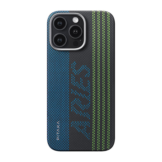 Apple iPhone 16 Pro Kılıf M-safe Şarj Özellikli Lumintex Teknolojili Fosforlu Aramid Fiber Pitaka Tactile Woven Aries Serisi Credit Card Kapak Yeşil-Mavi