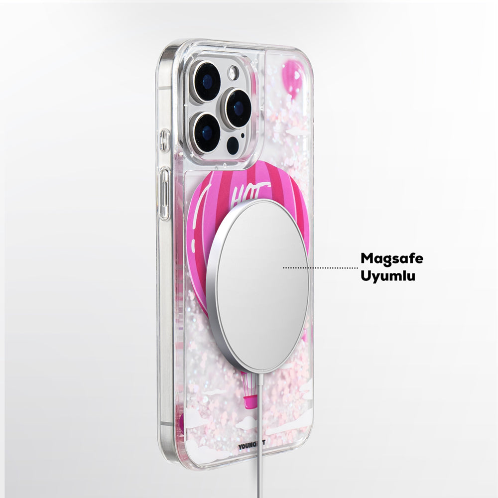 Apple iPhone 16 Pro Kılıf M-safe Şarj Özellikli Parlak Kumlu Sıvılı Youngkit Pink Dream Quicksand Serisi Kapak Pembe