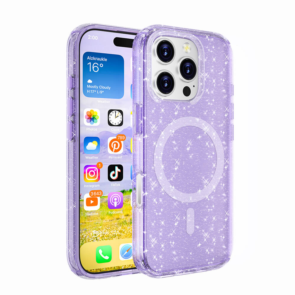 Apple iPhone 16 Pro Case M-safe Charging Feature Shining Glitter Transparent Colorful Zore Allstar Cover Purple