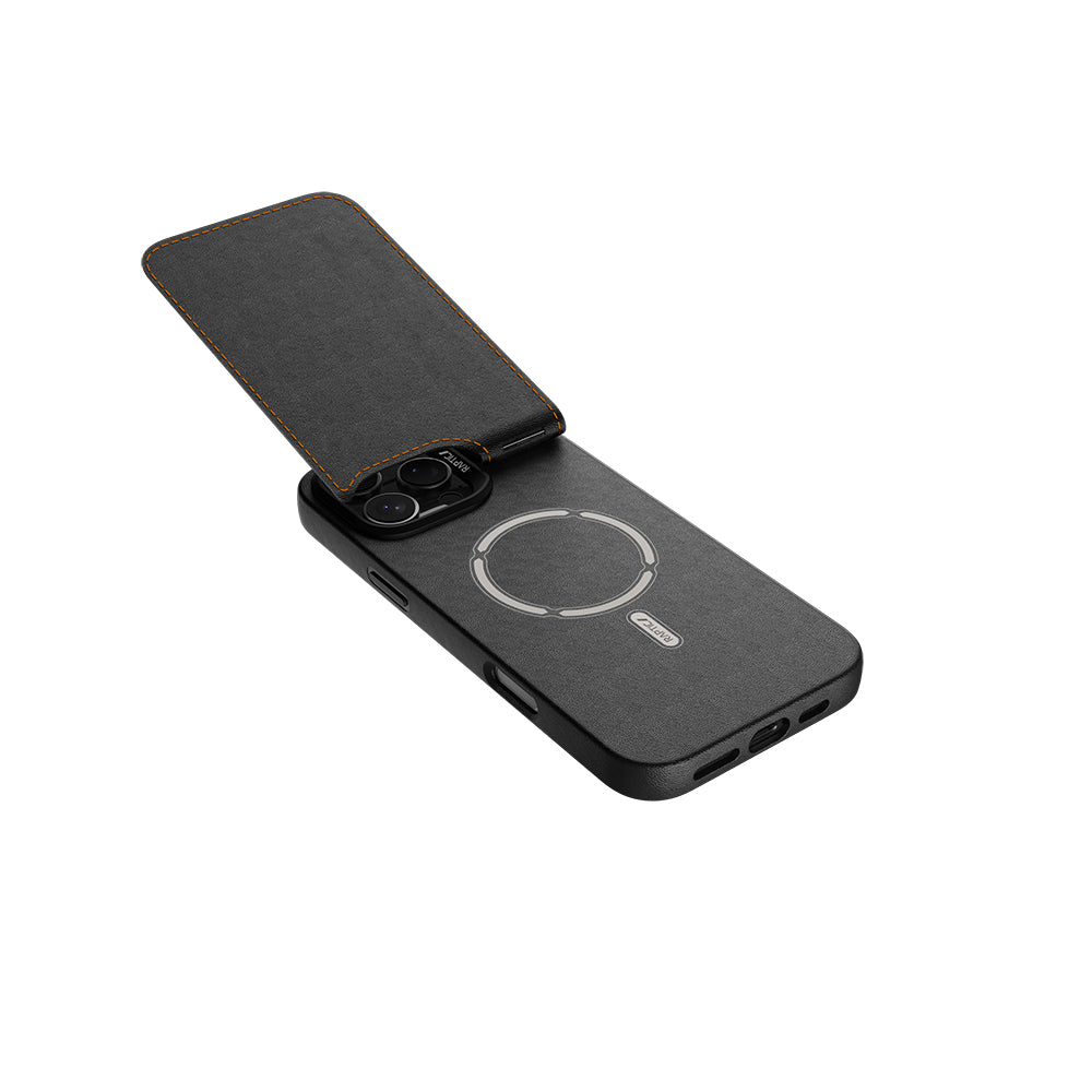 Apple iPhone 16 Pro Kılıf M-safe Şarj Özellikli Raptic Slim Wallet Serisi Deri Görünümlü Kartlıklı Standlı Kapak Siyah