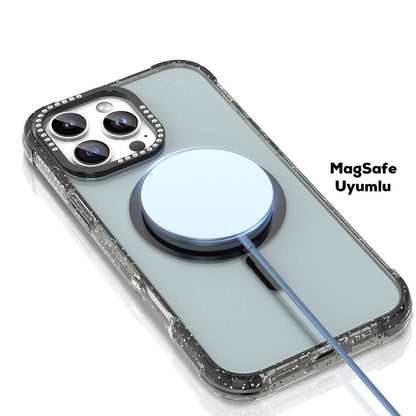 Apple iPhone 16 Pro Kılıf M-safe Şarj Özellikli Taşlı ve Simli Tasarım Mutural Blink Kapak Pembe
