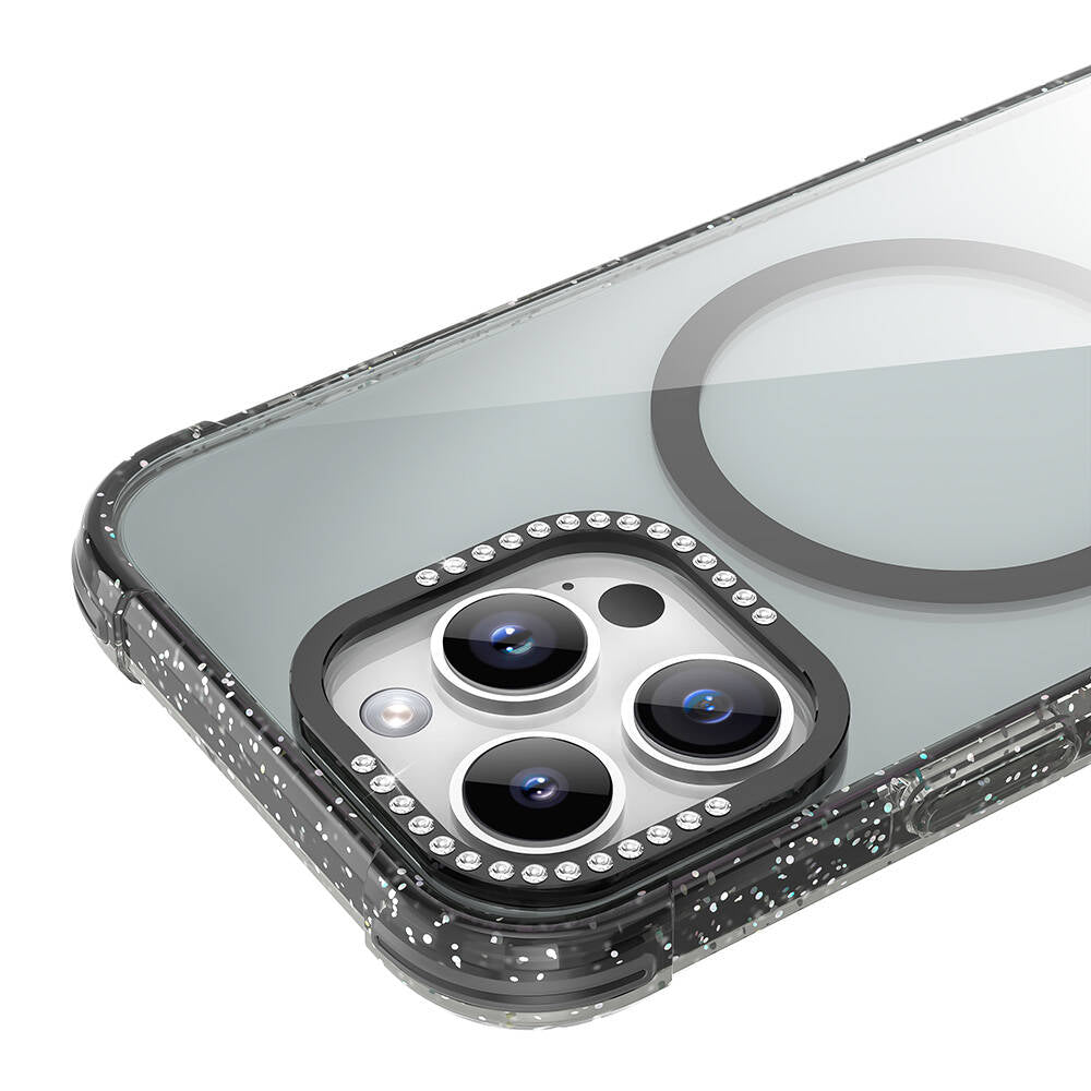 Apple iPhone 16 Pro Kılıf M-safe Şarj Özellikli Taşlı ve Simli Tasarım Mutural Blink Kapak Pembe