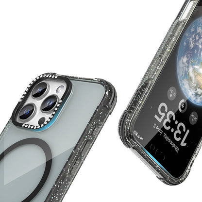 Apple iPhone 16 Pro Kılıf M-safe Şarj Özellikli Taşlı ve Simli Tasarım Mutural Blink Kapak Siyah