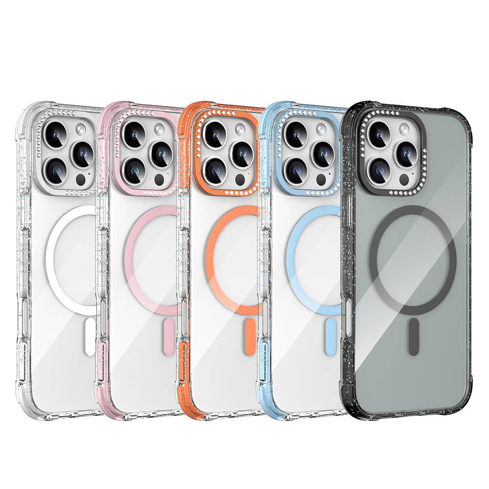 Apple iPhone 16 Pro Kılıf M-safe Şarj Özellikli Taşlı ve Simli Tasarım Mutural Blink Kapak Mavi