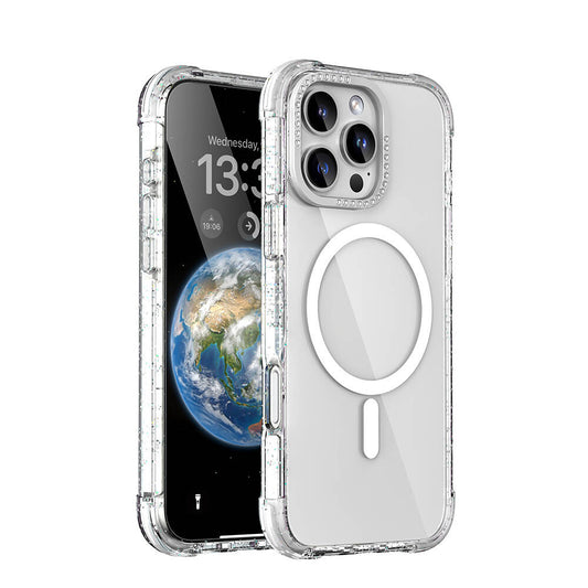 Apple iPhone 16 Pro Kılıf M-safe Şarj Özellikli Taşlı ve Simli Tasarım Mutural Blink Kapak Şeffaf