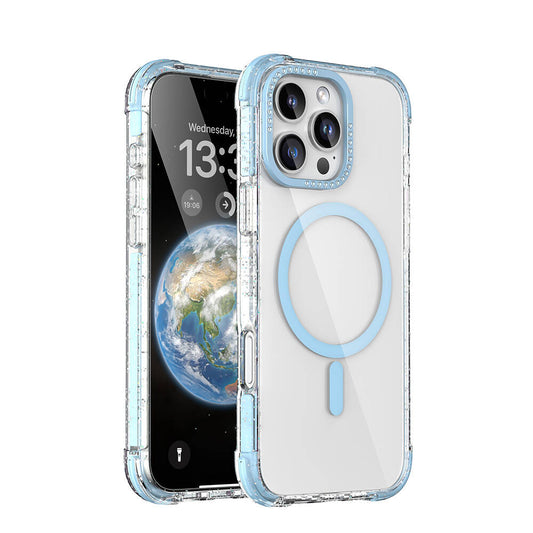 Apple iPhone 16 Pro Kılıf M-safe Şarj Özellikli Taşlı ve Simli Tasarım Mutural Blink Kapak Mavi