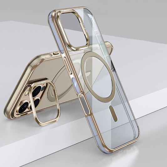 Apple iPhone 16 Pro Kılıf M-safe Şarj Özellikli Wlons Standlı Efsane Kapak Titanyum-Gold