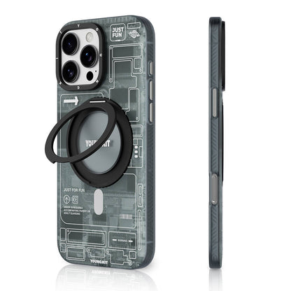 Apple iPhone 16 Pro Kılıf M-safe Şarj Özellikli Youngkit 360° Standlı Technology Serisi Kapak Gri