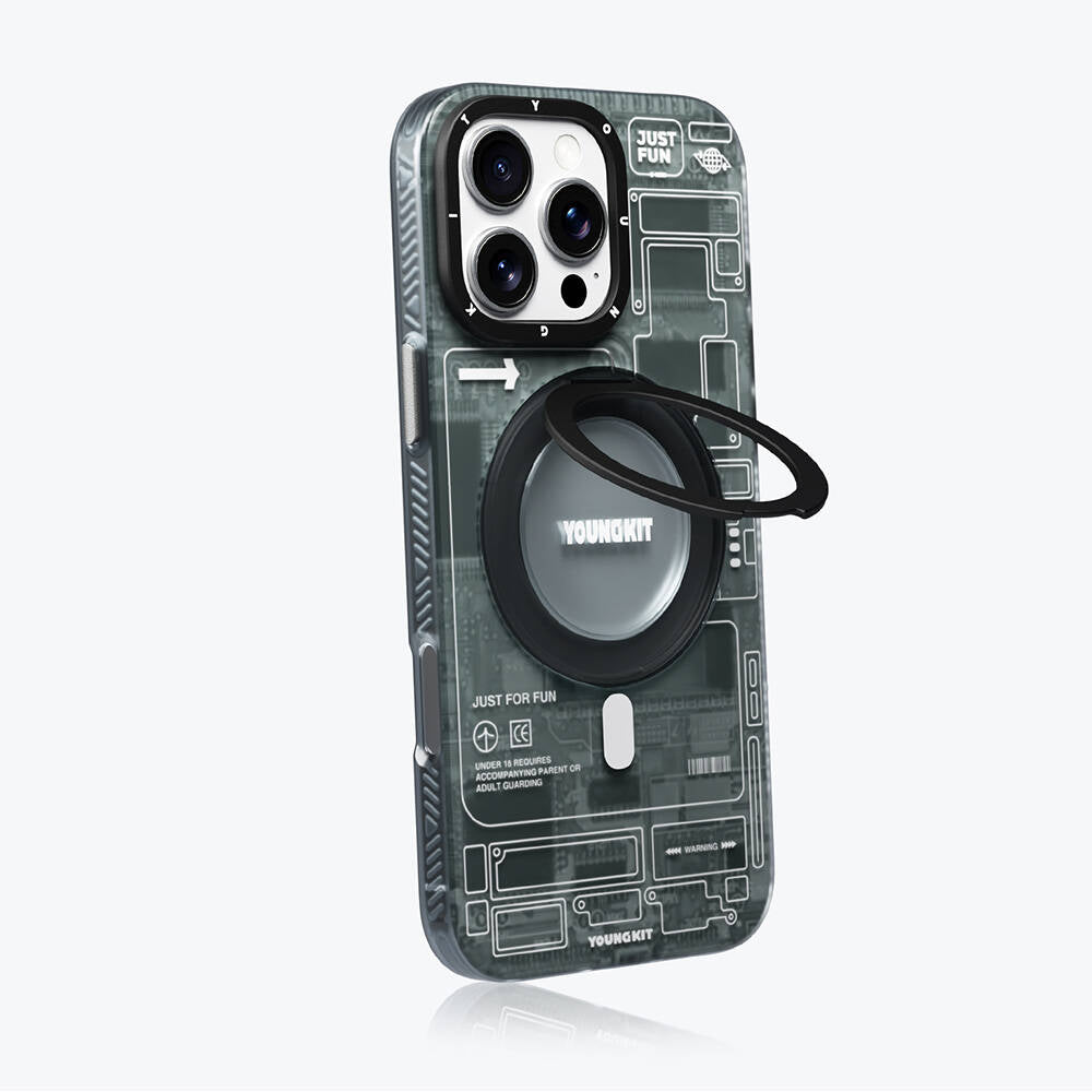 Apple iPhone 16 Pro Kılıf M-safe Şarj Özellikli Youngkit 360° Standlı Technology Serisi Kapak Gri