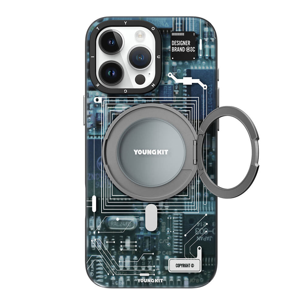 Apple iPhone 16 Pro Kılıf M-safe Şarj Özellikli Youngkit 360° Standlı Technology Serisi Kapak Gri