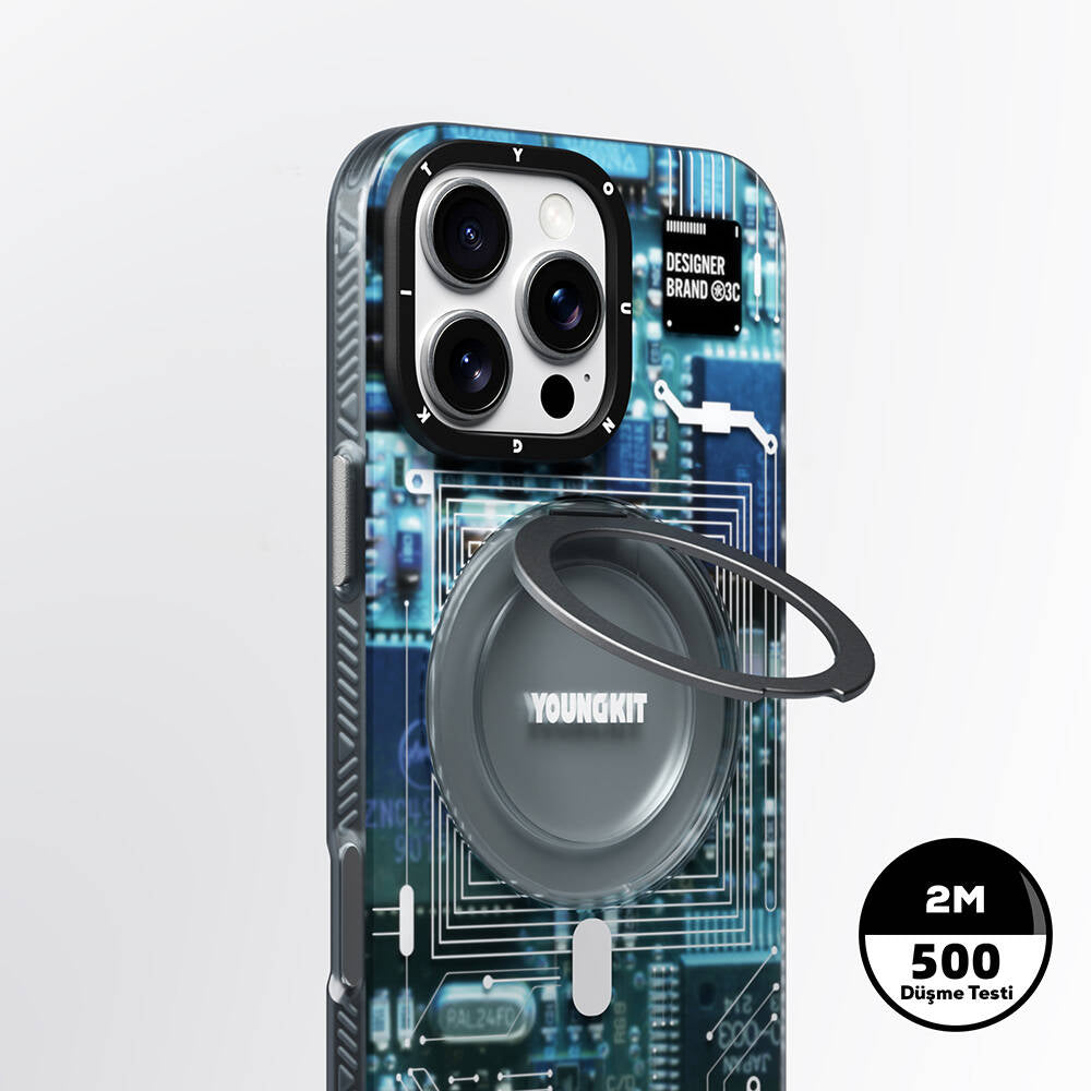 Apple iPhone 16 Pro Kılıf M-safe Şarj Özellikli Youngkit 360° Standlı Technology Serisi Kapak Gri